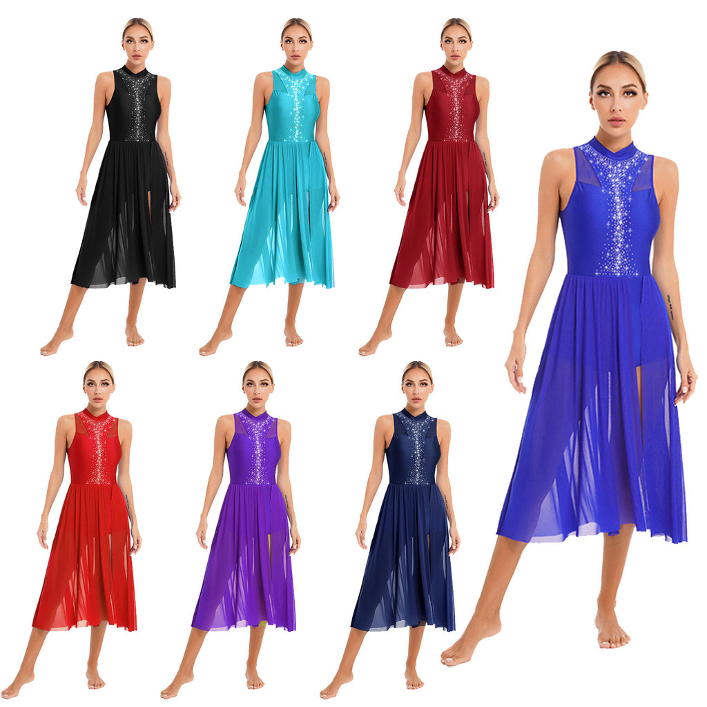 Yeahdor Fantasia Feminina Para Performance De Dança , Vestido Sem Mangas Com Strass Brilhante , Gola Simulada , Costas ,
