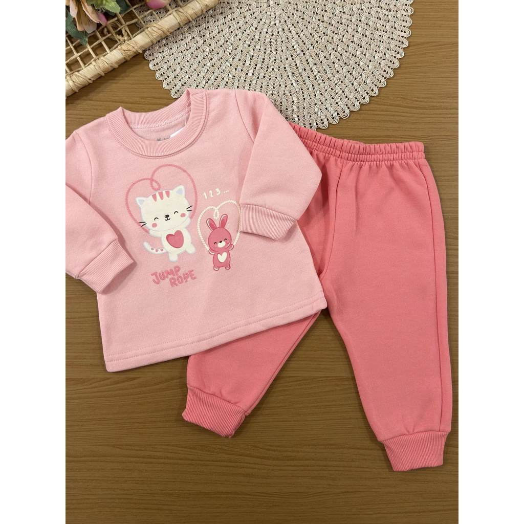 Conjunto Infantil Menina Brandili Inverno com Calça e Moletom Flanelado Rosa Gatinha Coração