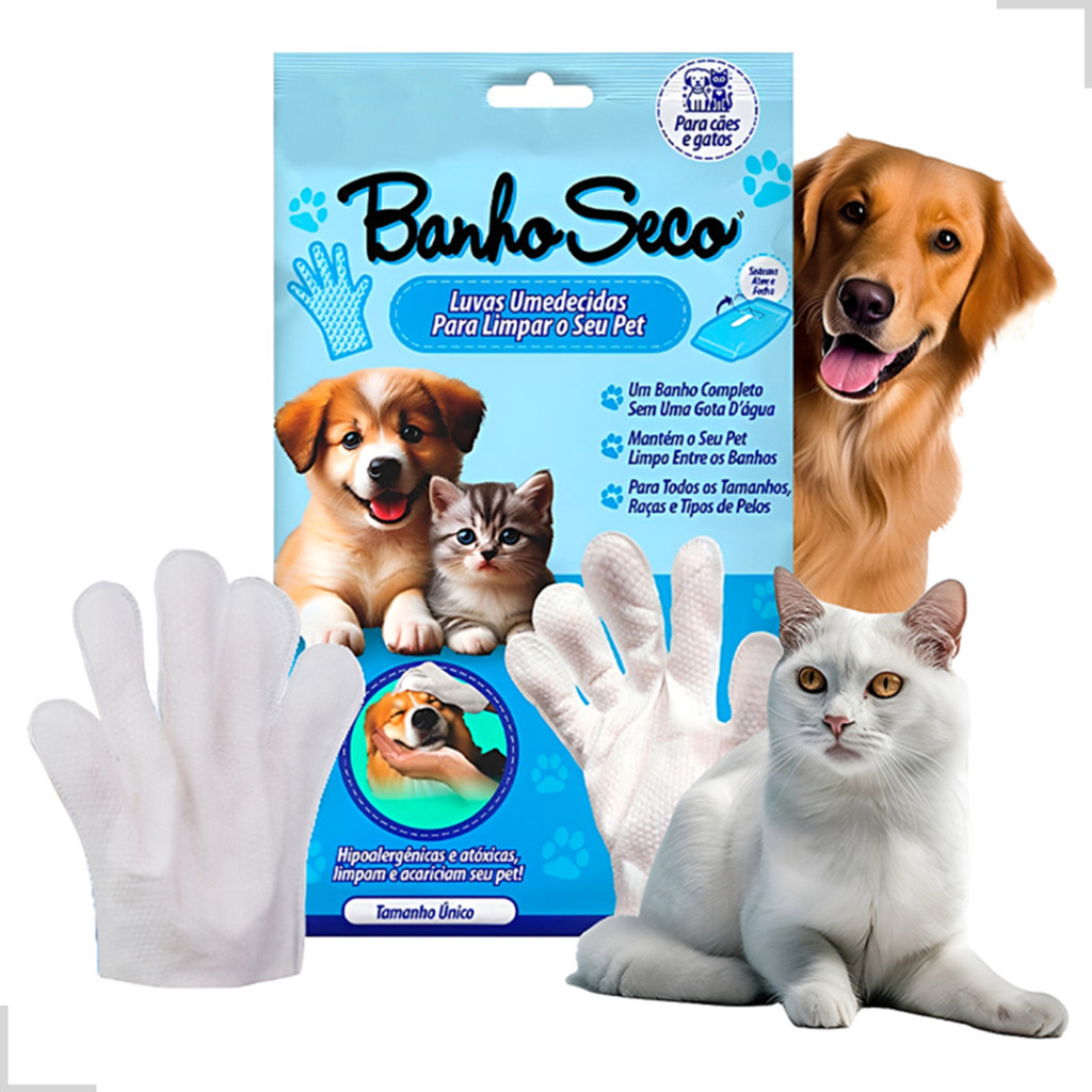 Kit Pack 6 Luvas Descartáveis Higienização De Pets Banho A Seco Escova Lenços Toalhas Umedecidas