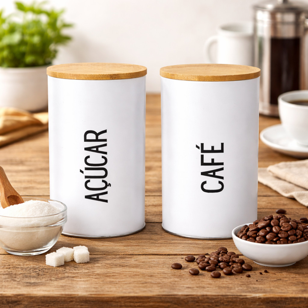 Conjunto com 2 Latas Metal Tampa de Bambu Para Armazenar Café e Açucar Organizador Porta Alimentos