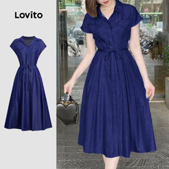 Lovito Casual Vestido com Cinto e Bolso Falso para Primavera/verão Azul para Mulheres LBL33011