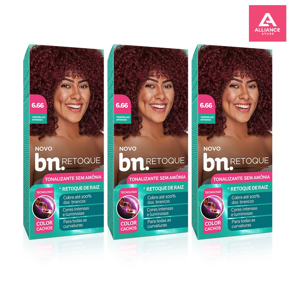 Kit com 3 unid Tonalizante Vermelho Intenso 6.66 Sem Amônia 90g – Beleza Natural – Retoque Raiz