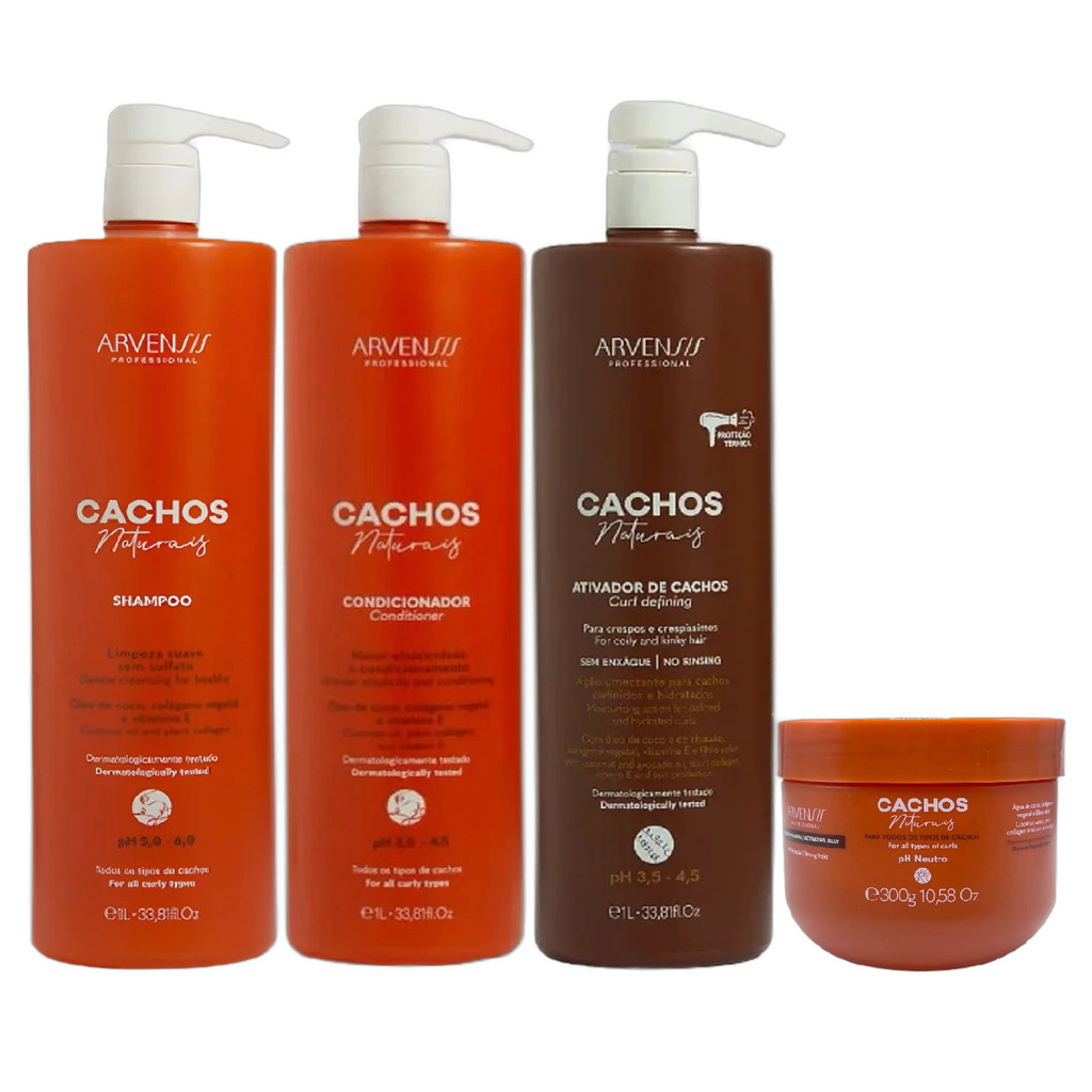 Kit Arvensis Cachos Naturais - Shampoo 1L + Condicionador 1L + Ativador De Cachos Crespos 1L + Geleia Alta Fixação 300g