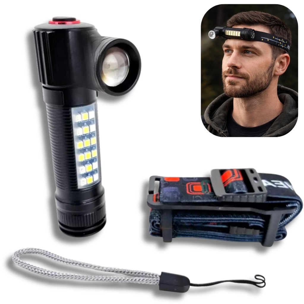 Lanterna Cabeça Clip de Cinto Recarregável Prova D'água Tática 6 Modos Luz Branca Vermelha e Azul Alerta Pisca Strobo