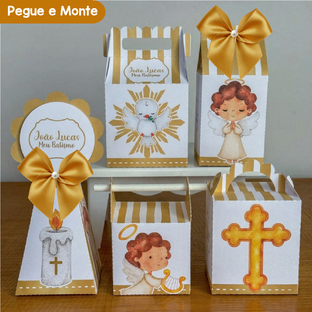 Kit Festa Batizado Dourado Batismo Menino | Personalizados | Lembrancinhas | Caixinhas | (Pegue e Monte)