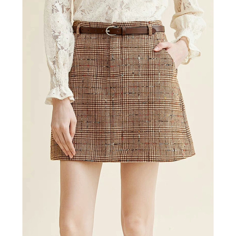 [66 Preferido] Linha colorida Tweed Feel Clip!Cintura alta linha A xadrez dupla camada cinto saia feminina saia curta