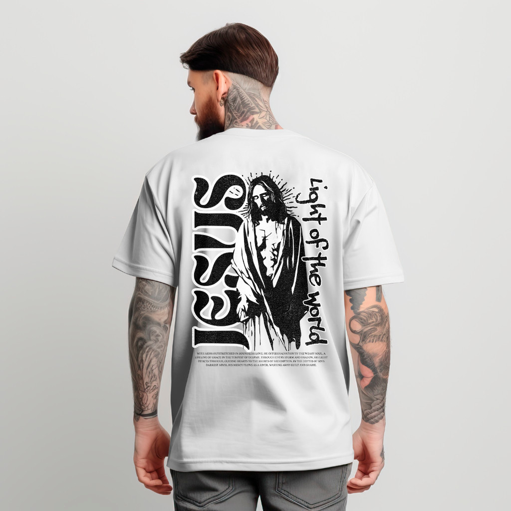 Camiseta Oversized Religiosa Jesus Igreja Jesus Light Of The World Bíblia Camisa Algodão Unissex