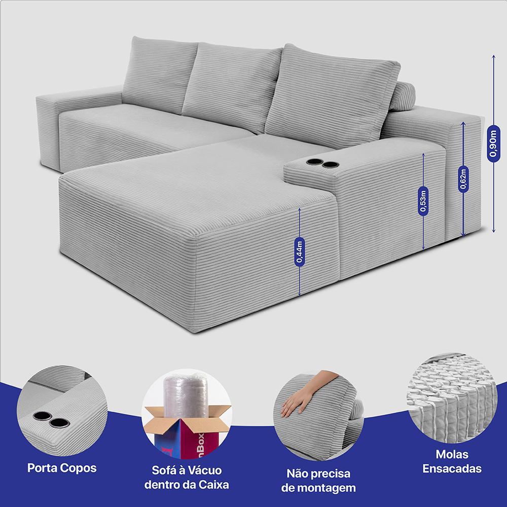 Sofá Evo. 2,70m Molas Ensacadas com Chaise Lounge Direita Velourê Cama inBox · foto 2
