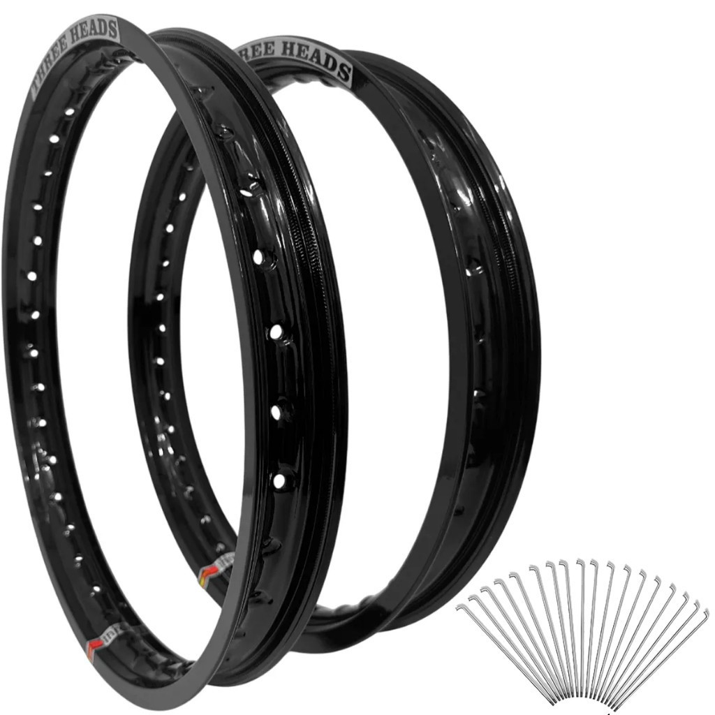 Par Aro Aluminio Three Heads Preto 2x18-1.60 Cg 150 160 + Raios Dianteiro Disco