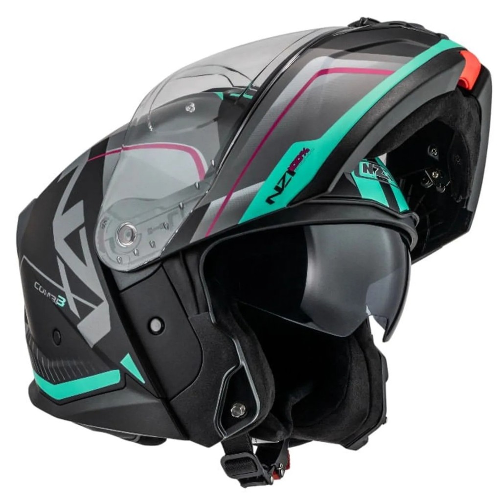 Capacete Nzi Combi 3 Duo Orbe Com Óculos Interno Escamoteavel Articulado Robocop Feminino Preto Cinza Turquesa