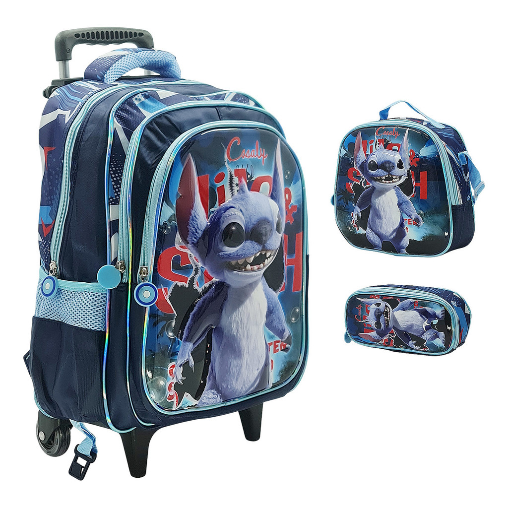 Kit Mochila Escolar Menino Infantil 3d Rodinhas Lilo & Stitch Azul