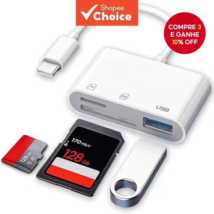 Adaptador Tipo C 3 Em 1 Leitor De Cartão De Memória SD TF Conector OTG Para Samsung Xiaomi em Oferta na Shopee