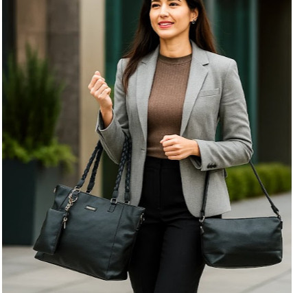 Kit 2 Bolsa Grande e Necessaire Feminina Preta Alça Transversal Couro Ecológico Textura Bolsa de Ombro Trabalho Passeio