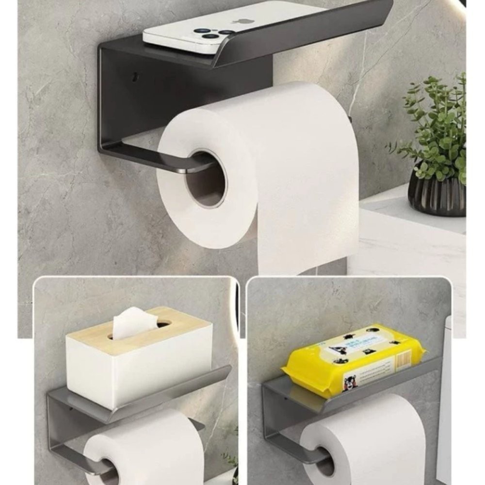 Porta Papel Higiênico 2 em 1 Banheiro Inox Sortido 3 Cores Prateleira Suporte Porta Objetos Organização Banheiro Celular