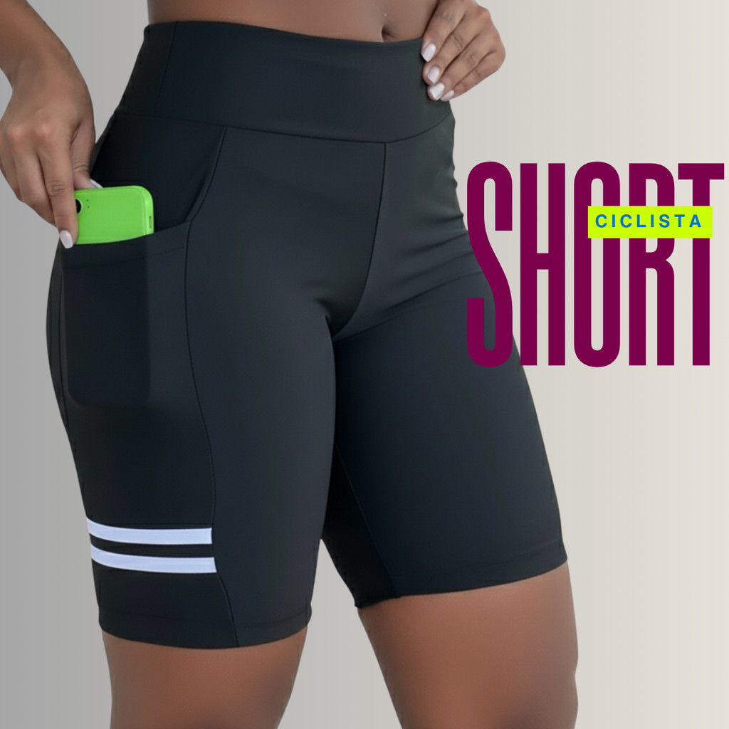 Short Ciclista Feminino Com Bolso Bermuda Para Academia Cós Alto Treinos Dia a Dia