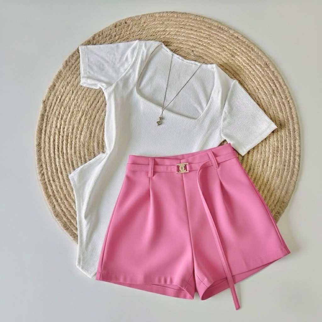Kit Conjunto TIRINHA Body Gola Quadrada + Short Colors em Alfaiataria com Cinto Tirinha Blogueira Paty Nordestina