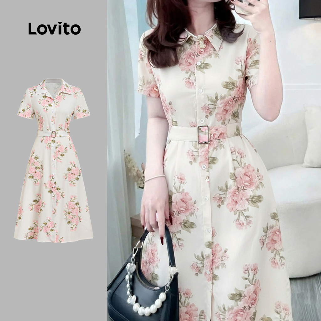 Lovito Vestido Branco Casual Chique E Elegante Com Estampa Floral Botões Frontais E Cinto Primavera/verão LBL32066 em Oferta na Shopee