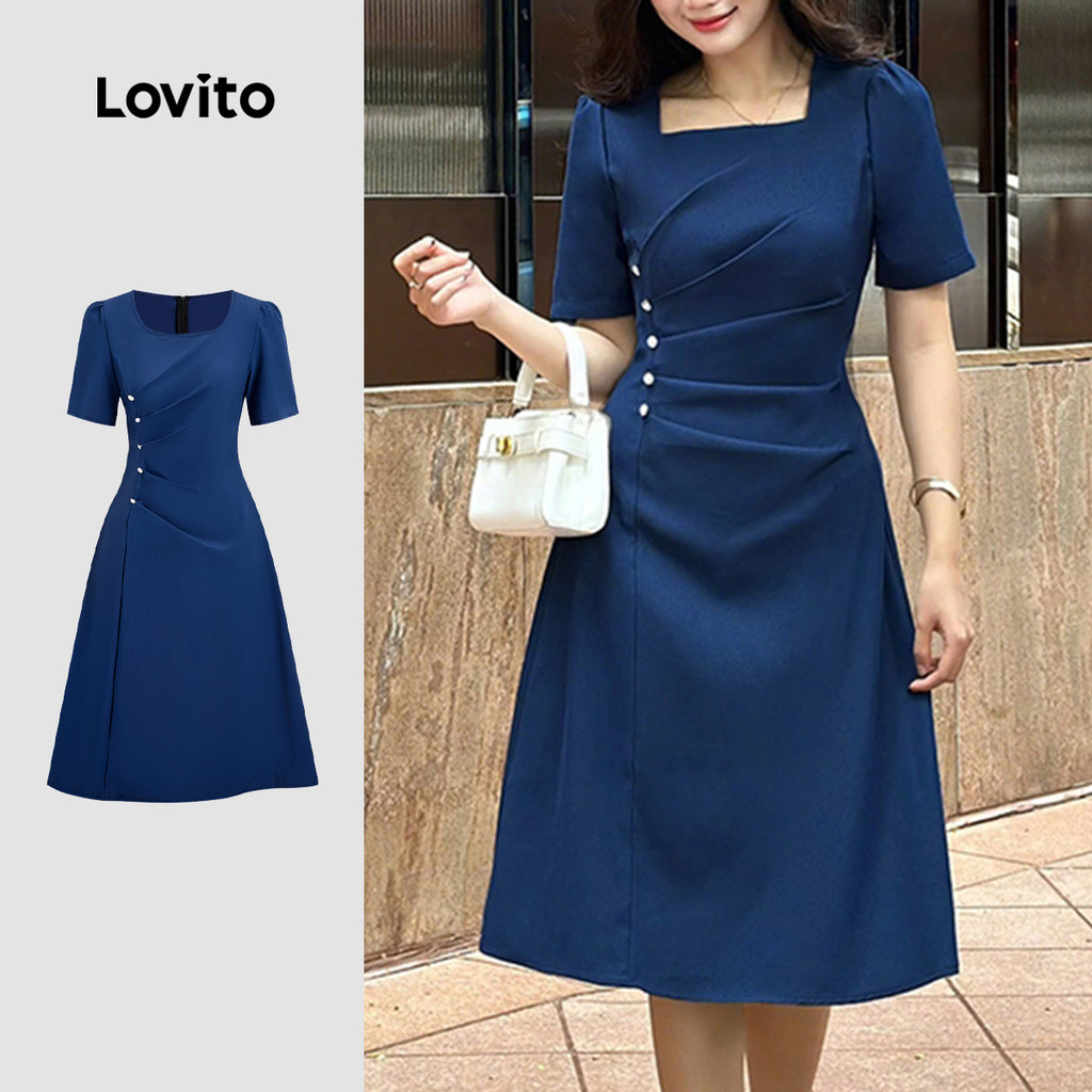 Lovito  Vestido Elegante Plissado Primavera/verão Azul Marinho para Mulheres L172ED1097 em Oferta na Shopee