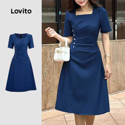 Lovito Elegante Vestido Plissado Primavera/verão Azul Marinho para Mulheres L172ED1097