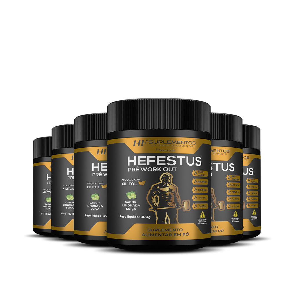 6 Potes Hefestus Pré-Workout 300g Limão Suíça HF – Performance máxima no treino!
