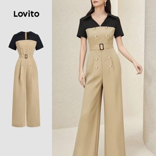 Lovito Macacão Elegante Block de Cores com Botões Primavera/verão em Caqui para Mulheres L155ED032 em Oferta na Shopee