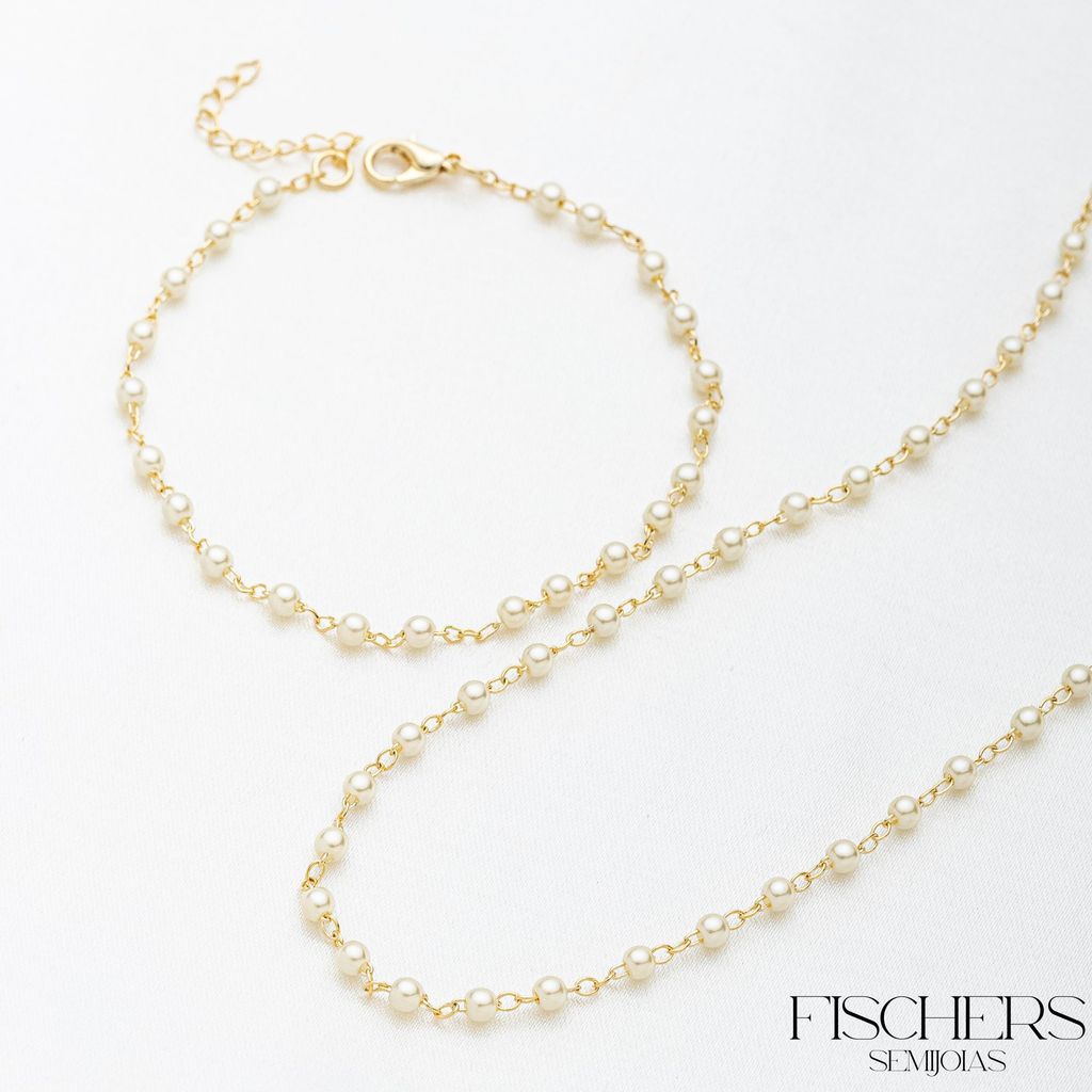 Conjunto Colar Perola P e Pulseira Perola P Banhado a Ouro 18K - Fischer Semijoias