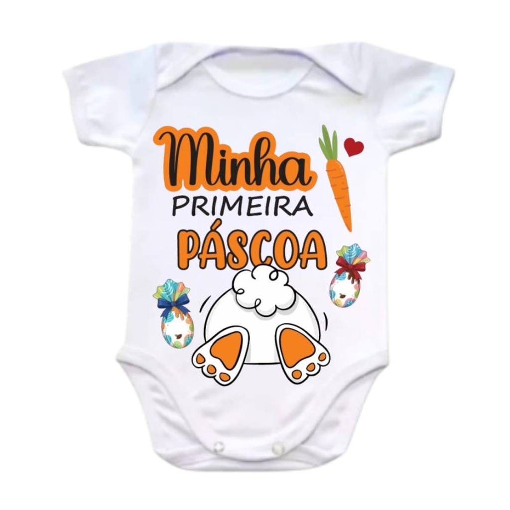 Body Bebê M/ Curta Com Frase Minha Primeira Páscoa 100% Poliéster RN ao GG