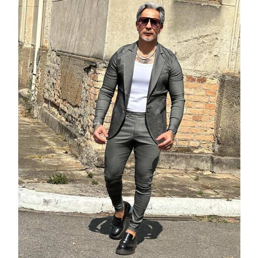 Conjunto Blazer e Calça Alfaiataria Masculino Elastano Slim 2 Peças Bengaline Esporte Fino Casamento Escritório