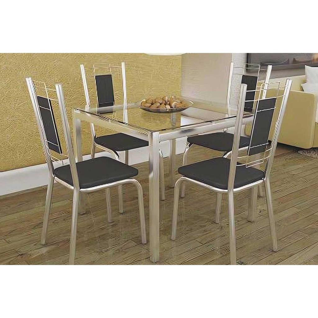 Conjunto: Mesa de Cozinha Reno c/ Tampo Vidro 90cm + 4 Cadeiras Florença Cromado/Courano Preto - Kappesberg em Oferta na Shopee