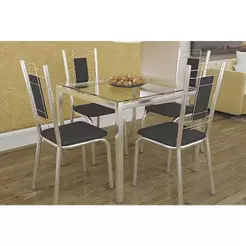 Conjunto: Mesa de Cozinha Reno c/ Tampo Vidro 90cm + 4 Cadeiras Florença Cromado/Courano Preto - Kappesberg