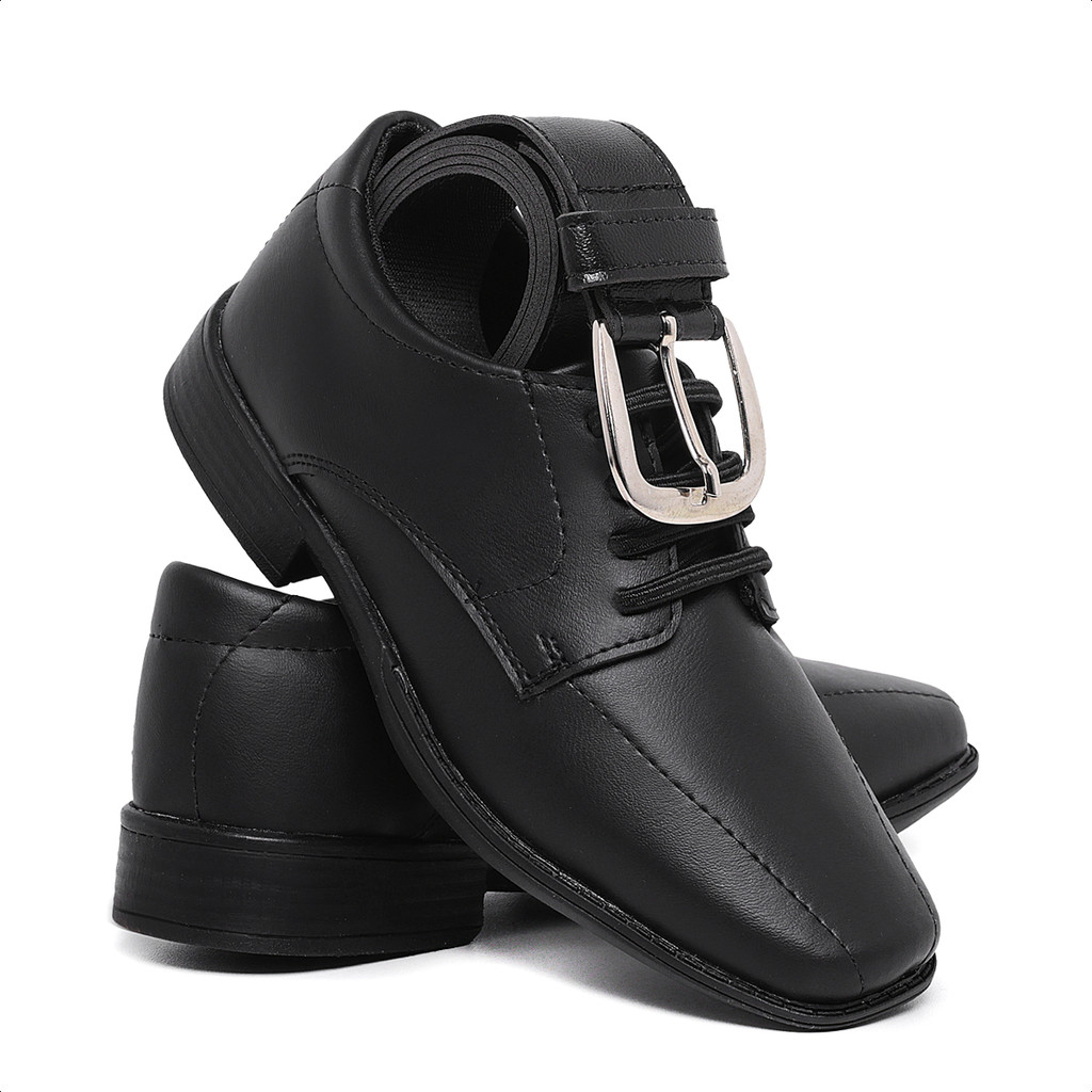 Kit sapato social infantil com cadarço acompanha cinto menino confortável macio casual elegante casamento festa preto