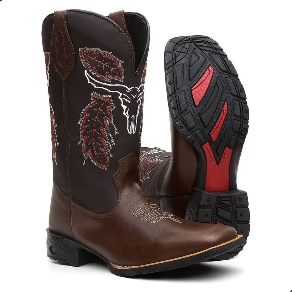 Bota Texana Masculina Couro Marrom Cano Bordado Solado Tratorado Confortável Rodeio Country