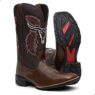 Bota Texana Masculina Couro Marrom Cano Bordado Solado Tratorado Confortável Rodeio Country em Oferta na Shopee
