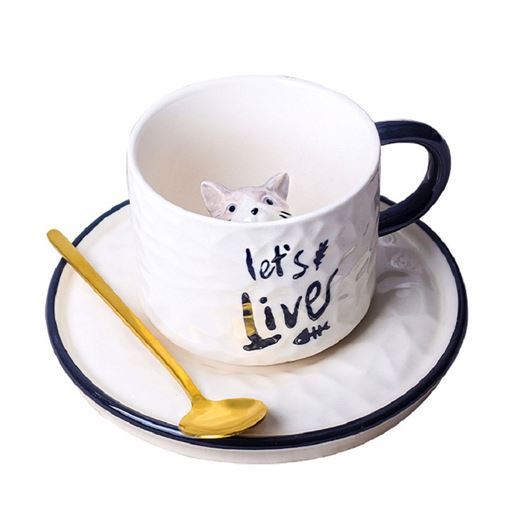 Xícara de Cerâmica 220ml Lets Live – Café, Chá e Gatinho Cinza Fofo