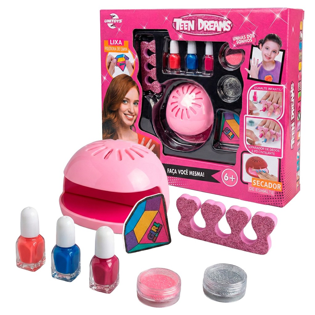 Kit De Unhas Infantil Manicure Secador Esmaltes Coloridos Glitter E Lixa em Oferta na Shopee