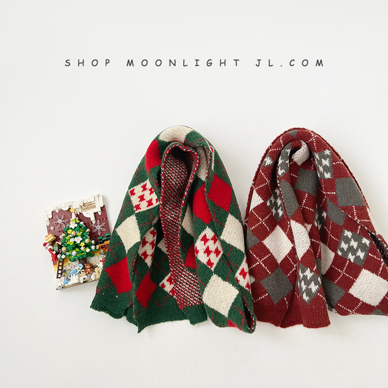 Cachecol infantil de diamante estilo natal, outono inverno, quente, à prova de vento, meninos, meninas, bebê, cachecol d