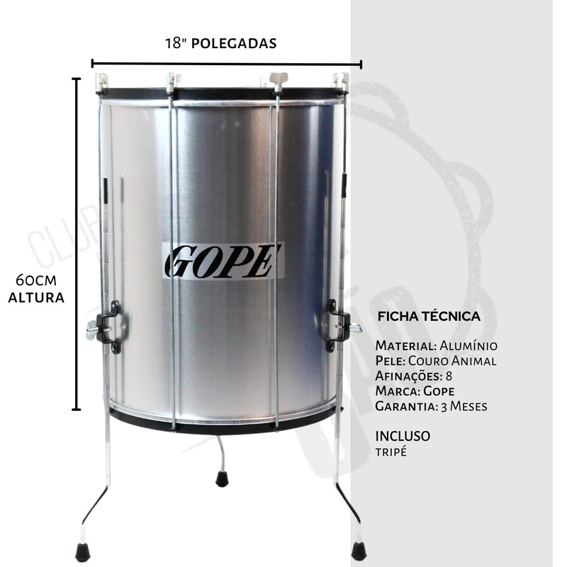 Surdo Gope 18" 60cm Alumínio Cromado com Tripé Pele Couro Animal Original Samba Pagode