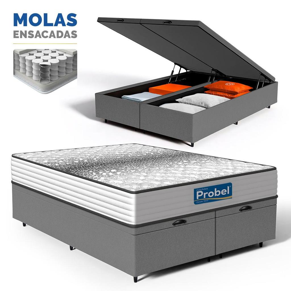 Cama Box Baú com Colchão de Molas Ensacadas Double Face Essence Probel Queen 158cm