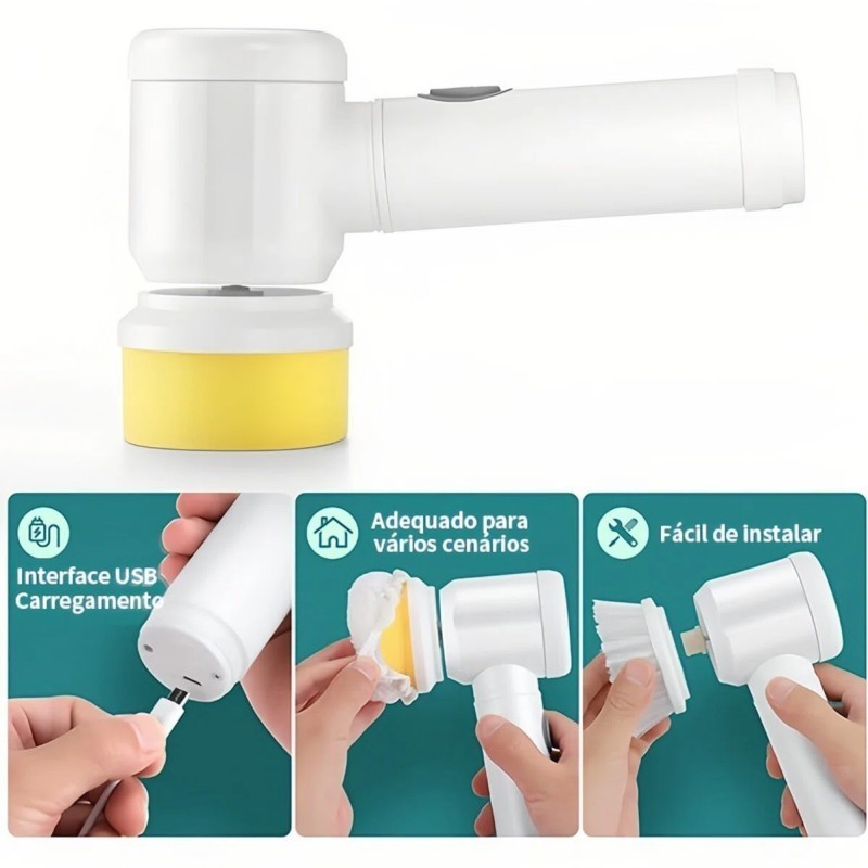 Limpador Multiuso Prático 5 em 1: Escova de Limpeza Sem Fio com Mais Duas Cabeças