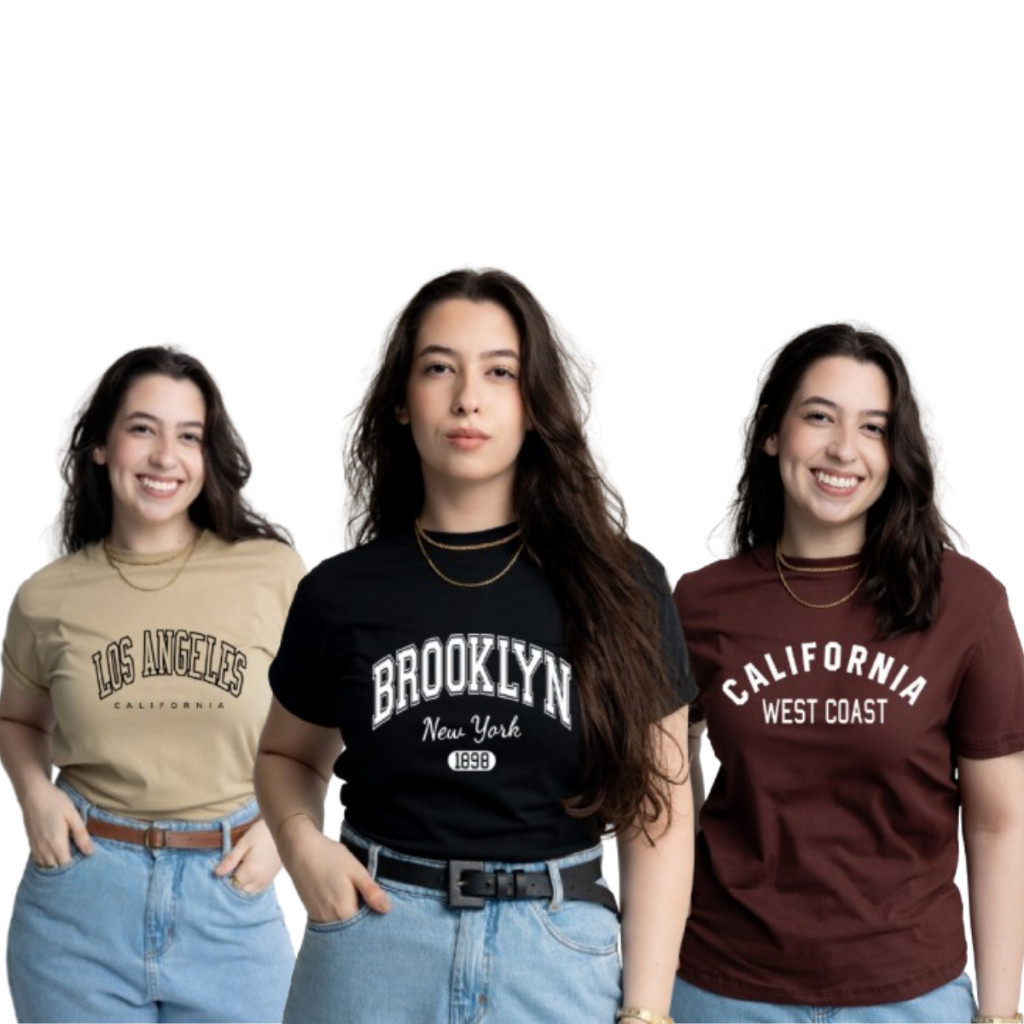 Kit 3 T-Shirt Feminina California Brooklyn Estilo Americana Estampadas 100% Algodão Dia a Dia