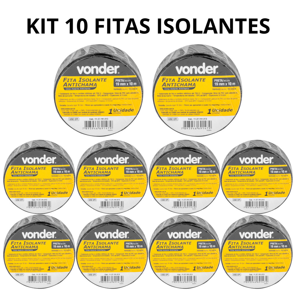 Kit 10 fita isolante Vonder 10metros antichama em Oferta na Shopee