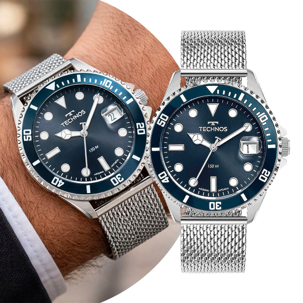 Relógio Masculino Prata e Azul Analógico de Pulso em Aço Inoxidável à Prova D' Água Luxo Casual Social Technos Original