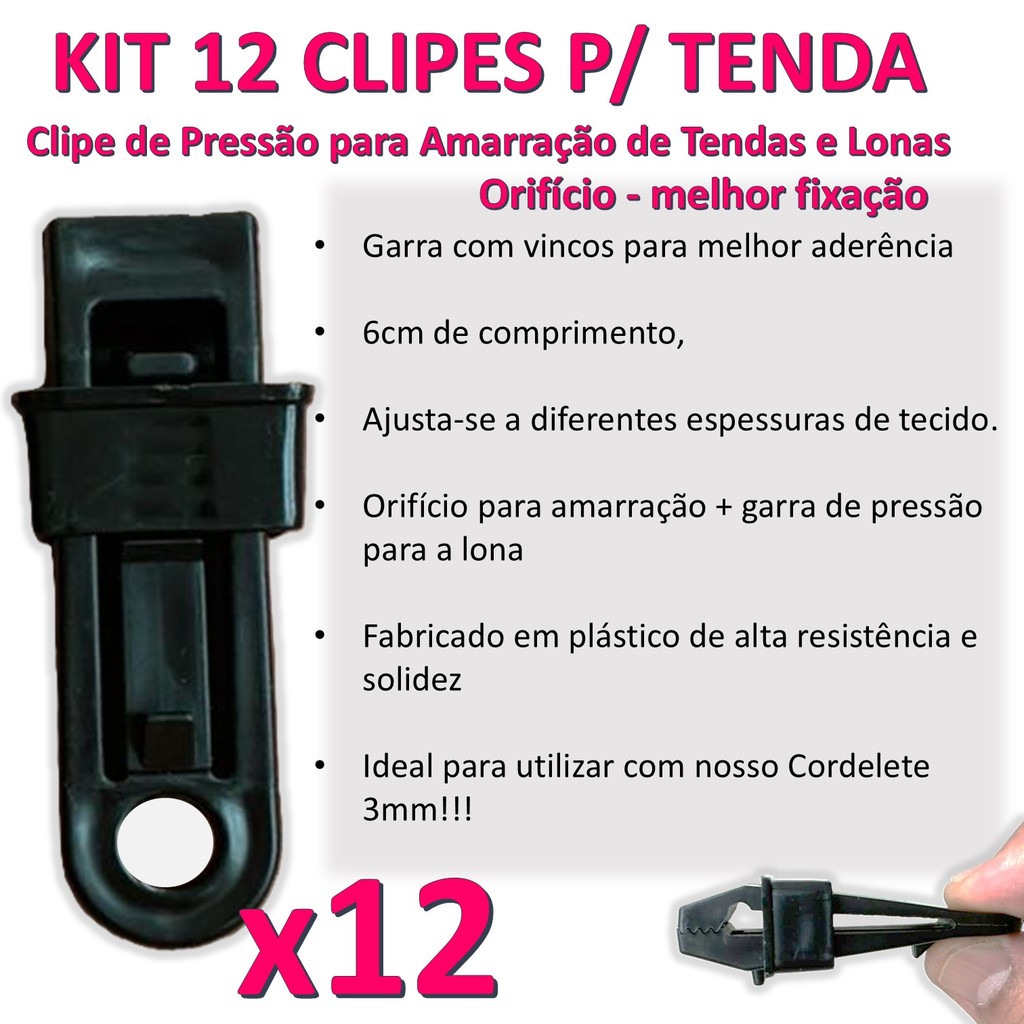 Kit 12 Clipes pregador Garra plástica jacaré para lonas e tendas