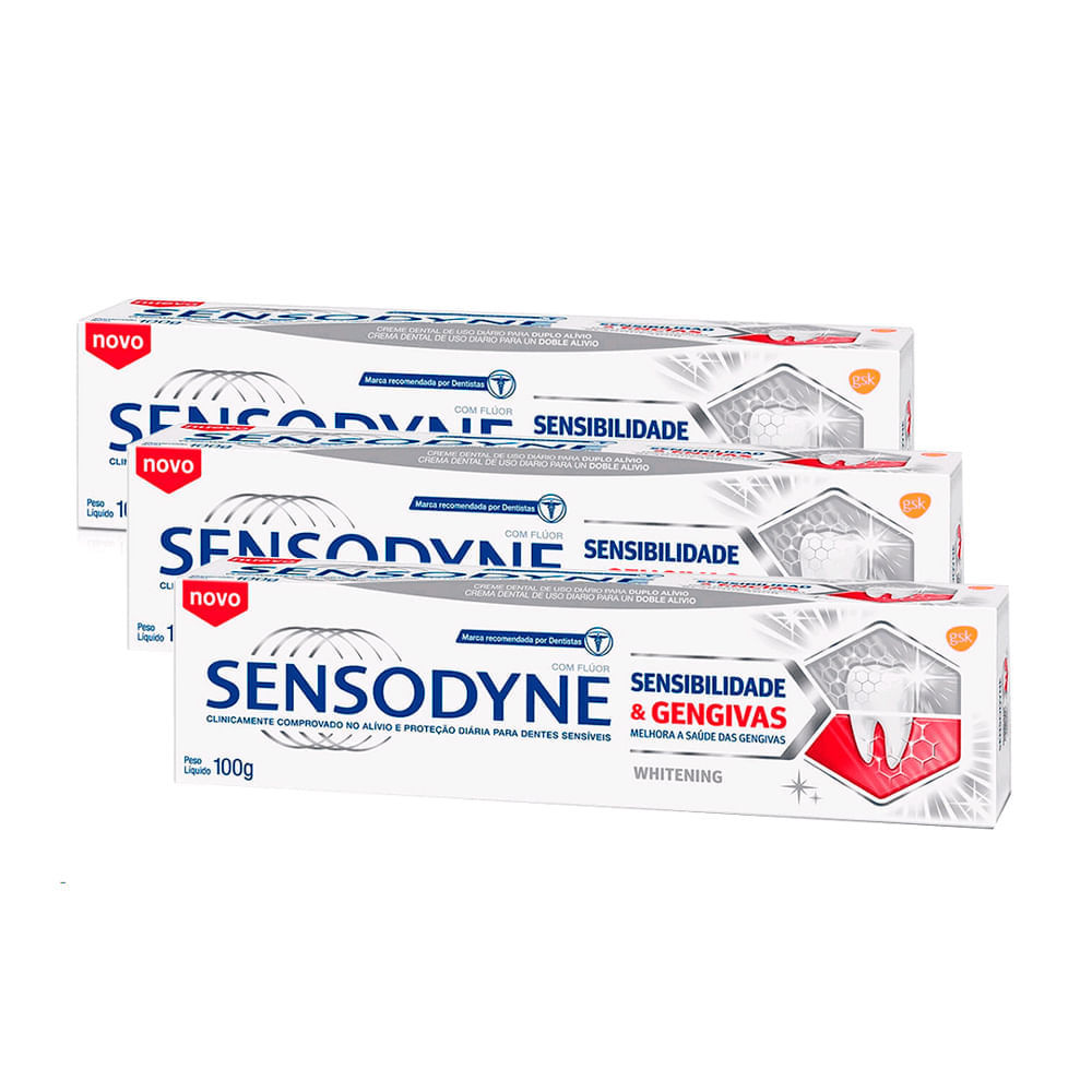 Kit 3 Creme Dental Sensodyne Sensibilidade e Gengivas Whitening 100g em Oferta na Shopee