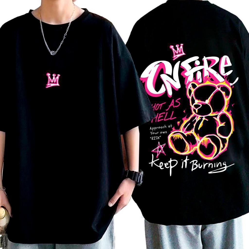 Camisa Oversized Camiseta On fire Streetwear Urso Unisex Noivdade Trendy Black
