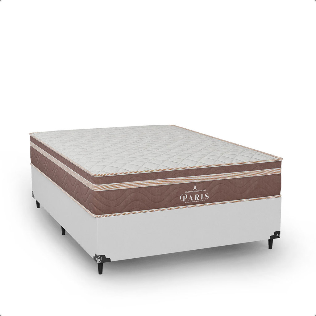 Cama Box Casal Couro Branco + Colchão Paris Molas Ensacadas Marrom - e-Shop Casa