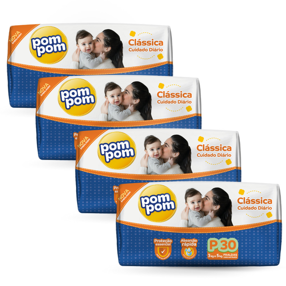 Pack 4x Fralda Pompom Clássica Jumbo P com 30un Cada- Elásticos suaves
