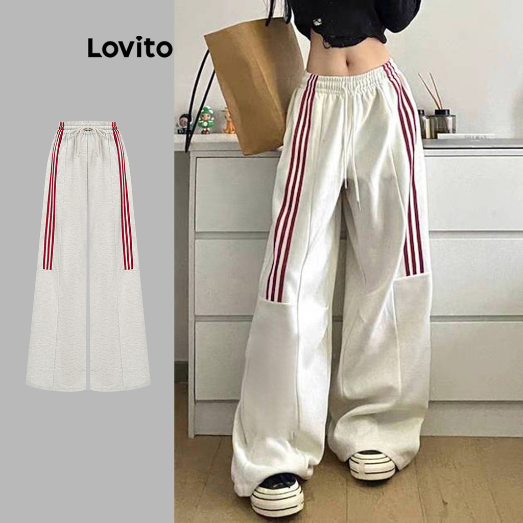 Lovito Calça Casual Com Listras Laterais Lisas Para Mulheres L122AD006 em Oferta na Shopee