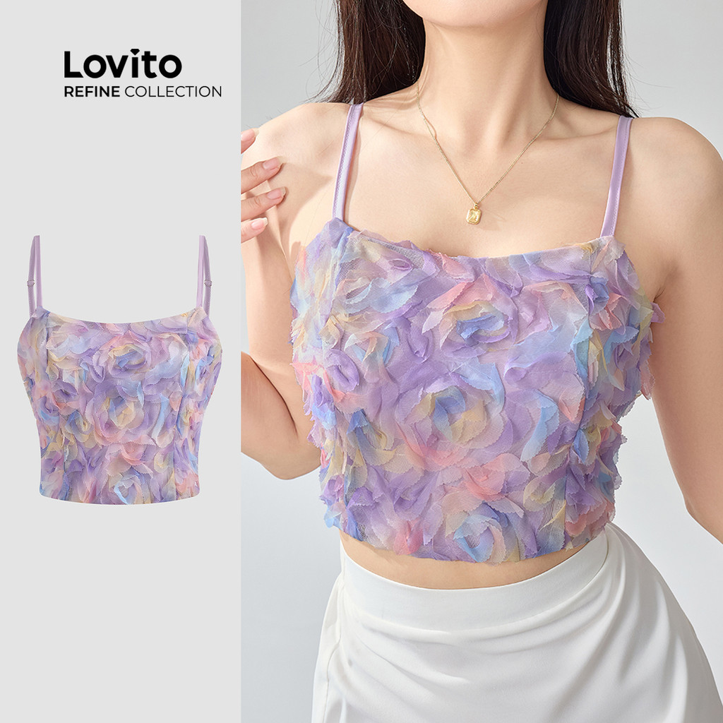 (Lovito Refine) Glamorous Top Floral Smocked Regata De Verão Para Mulheres LR2ED054 em Oferta na Shopee