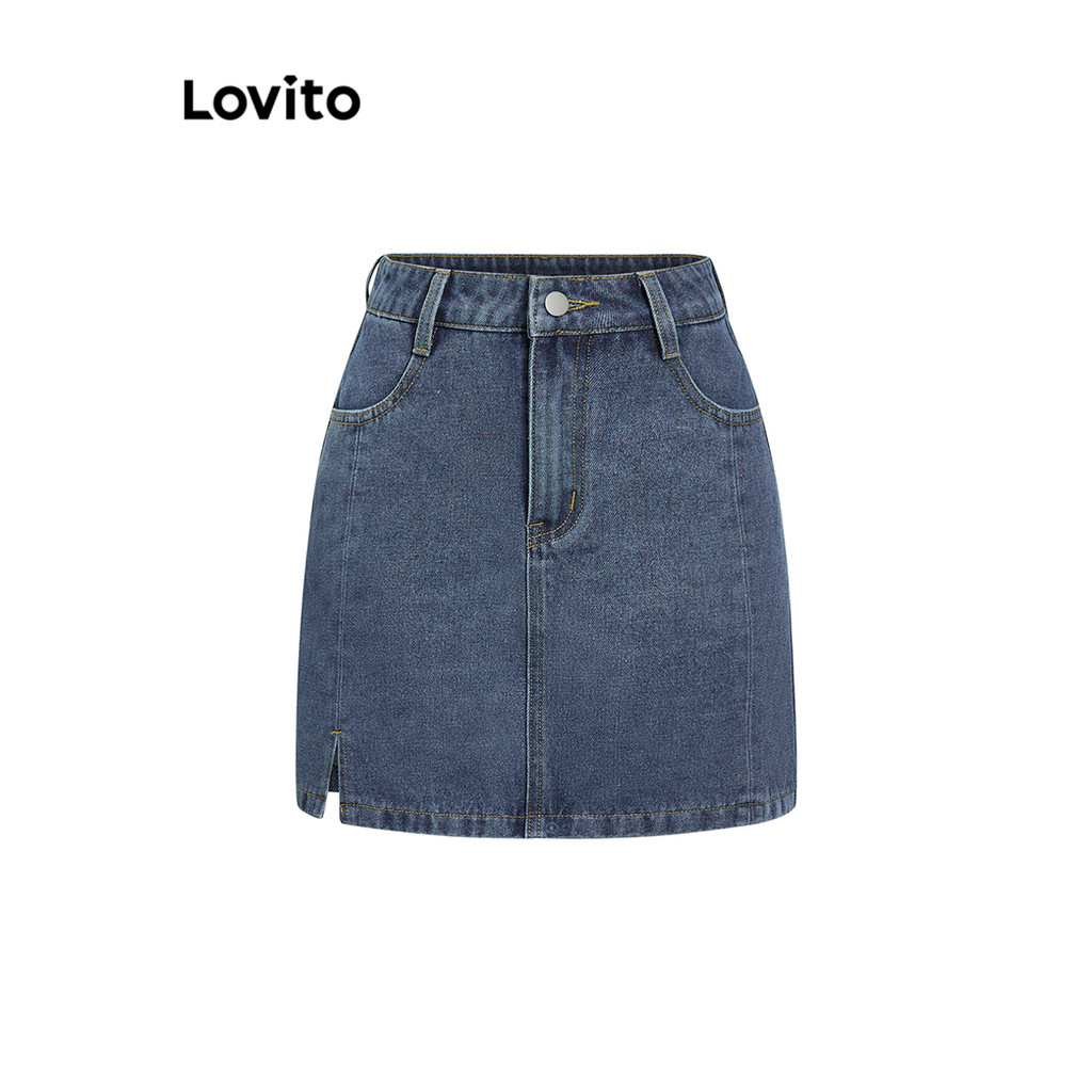 Lovito Saias Jeans Casuais Saia Jeans Lavada Lisa Para Mulheres L100MD522 em Oferta na Shopee